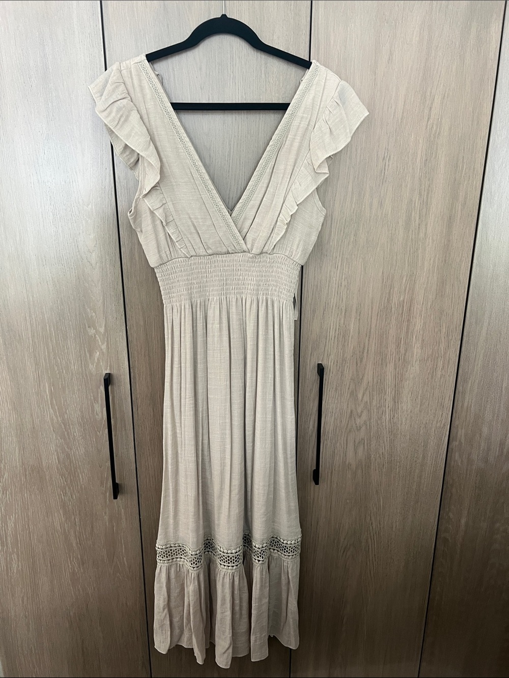 Cream V-Neck Maxi Dress with Ruffle Sleeves